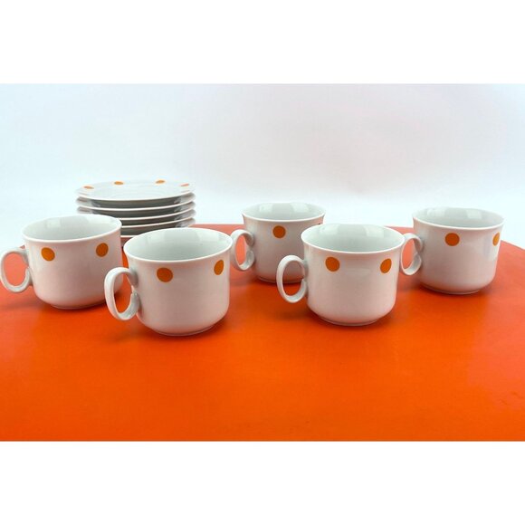 Vintage espresso cup saucer set, orange polka dots, porcelain, Giesche Bogucice - Picture 3 of 8